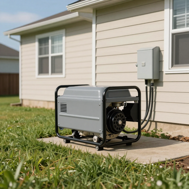 portable generator positioned beside a house with an outdoor electrical connection and lawn.