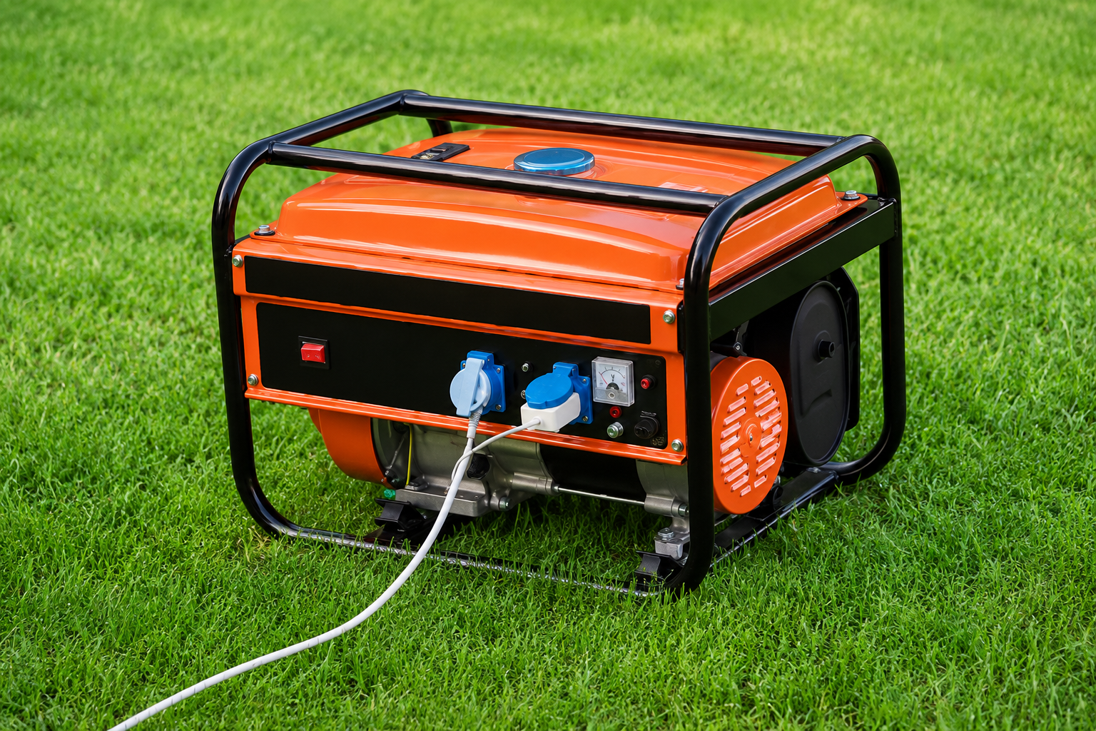 orange portable generator on green grass with power cables connected to its outlets.