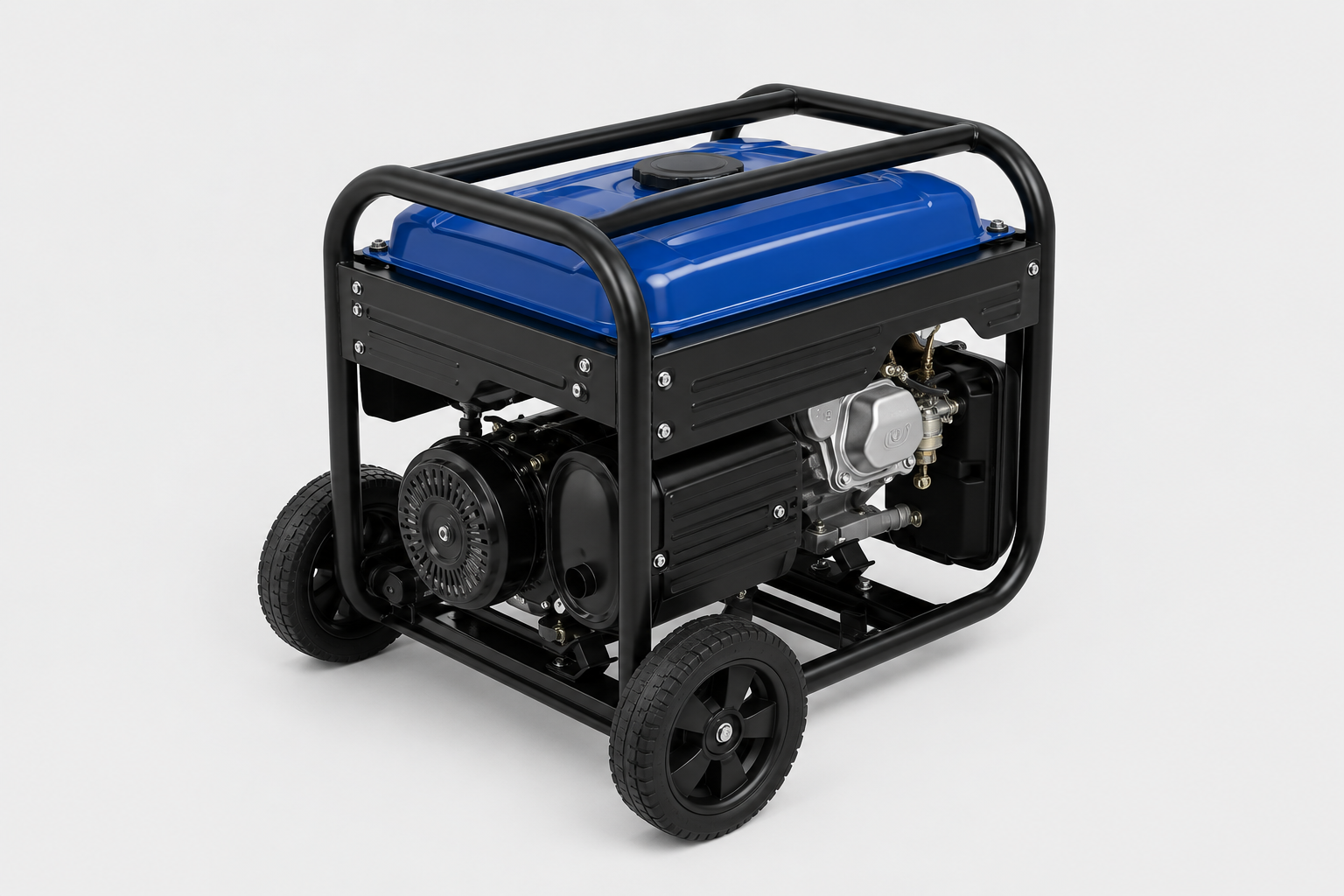 blue open-frame portable generator with wheels, tubular frame, fuel tank, and engine.