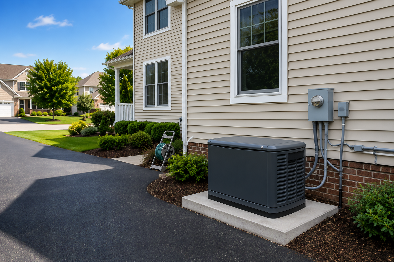 standby generator installed on a concrete pad beside a landscaped residential driveway.