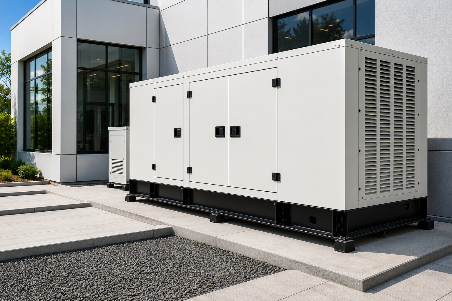 large enclosed standby generator positioned outside a modern building on a paved site.