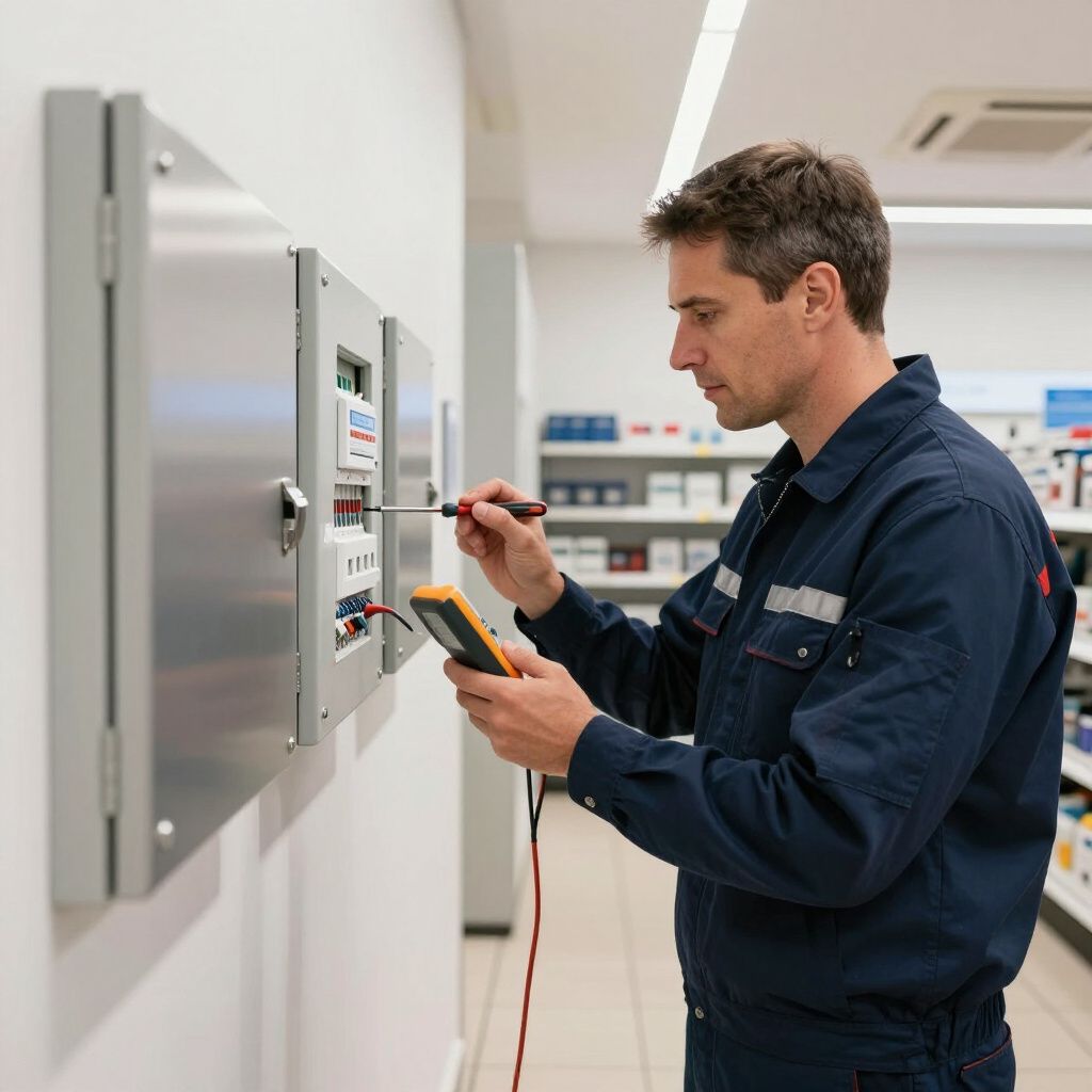Electrician in blue coveralls using a multimeter and screwdriver on electrical panel in a store.