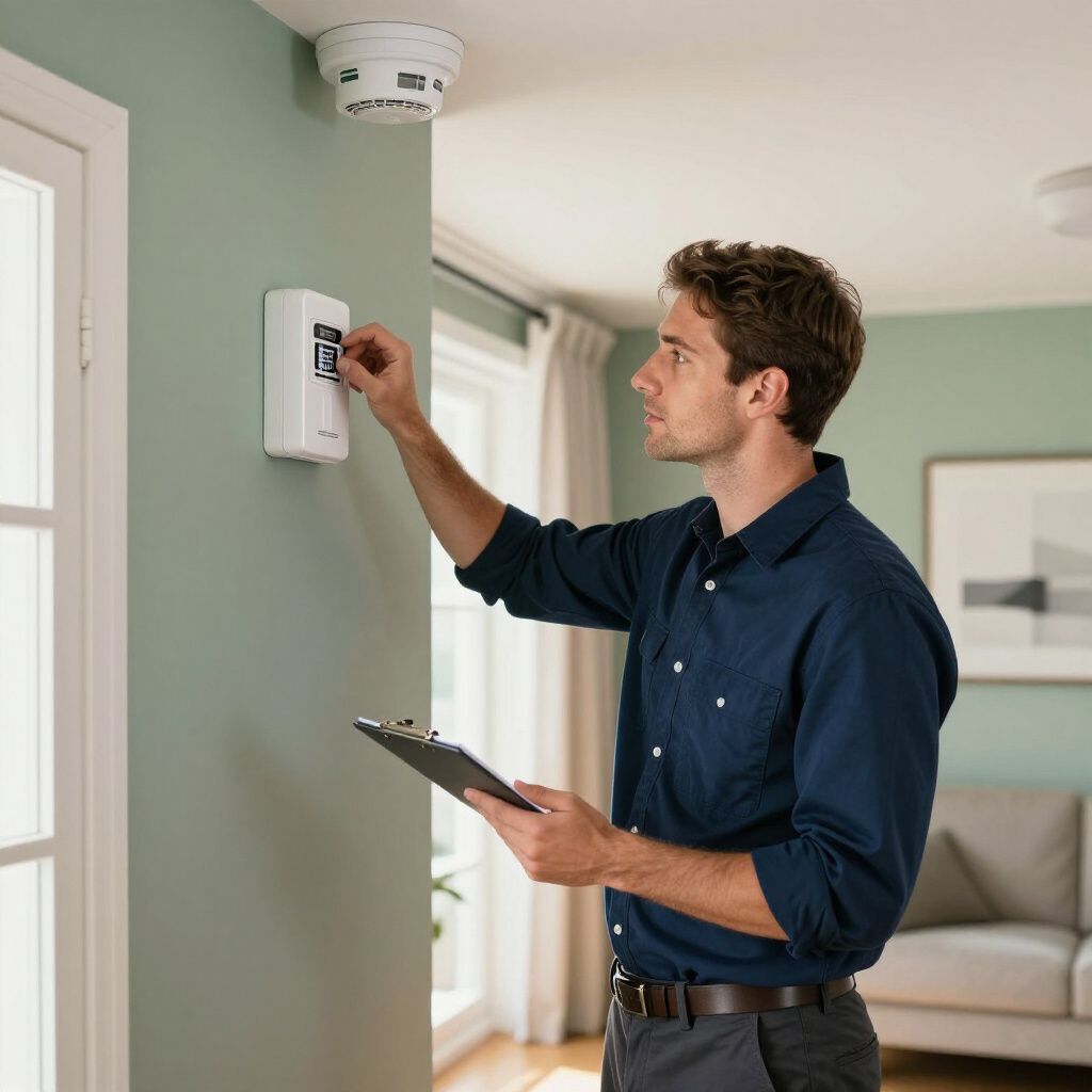 Man adjusting a wall-mounted device, holding a clipboard, under a ceiling-mounted detector in a home.