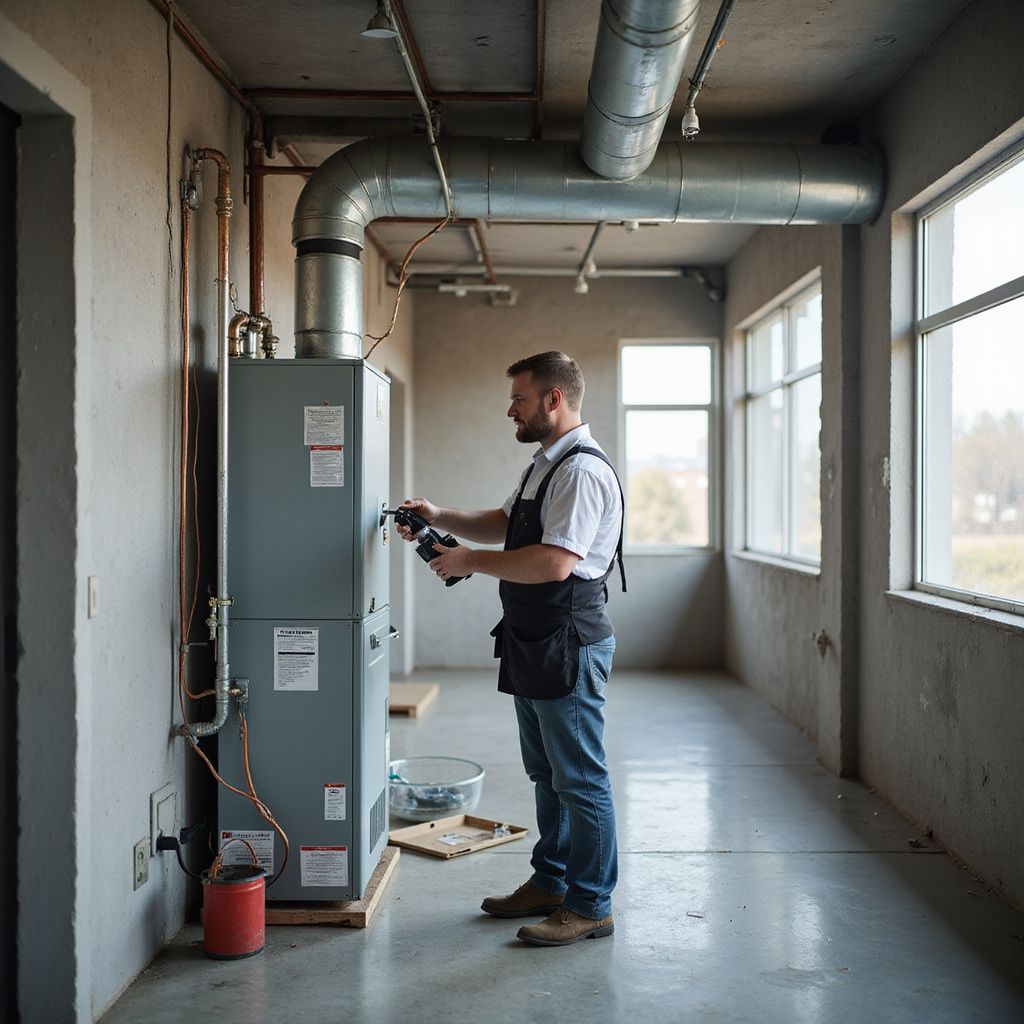 HVAC technician working on a furnace in an unfinished room. Gray metal unit, tools, pipes, and windows.
