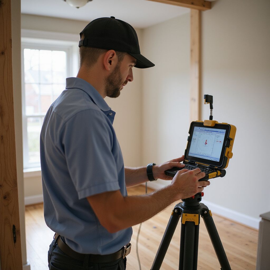 Man in a blue shirt and black cap uses a ruggedized laptop on a tripod in a room.