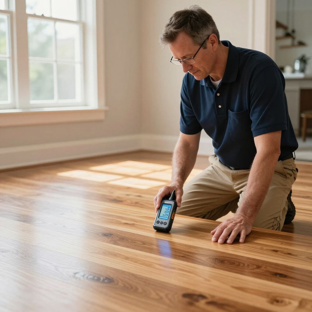 Man kneeling, inspecting wooden floor with a handheld moisture meter in a room with natural light.