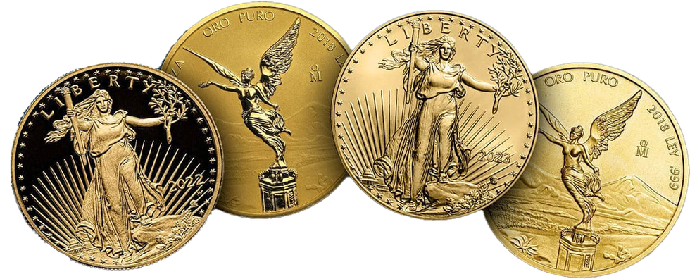 Four gold coins are lined up in a row on a white background.