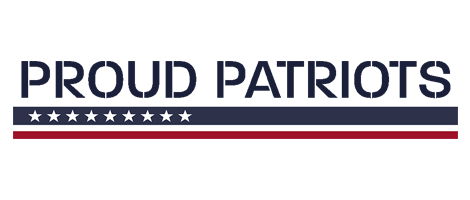 A logo for proud patriots with an american flag in the background.