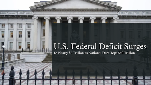 U.S. Treasury building with headline text: “U.S. Federal Deficit Surges”