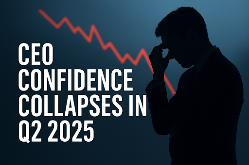 A man is holding his head in front of a graph that says ceo confidence collapses in q2 2025