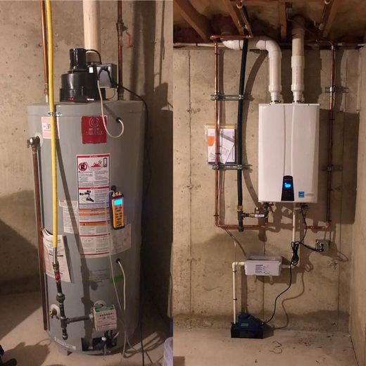 Water heater and tankless heater installed side by side in a basement utility area.