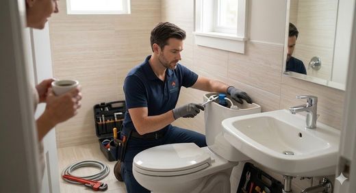 Plumber repairing sink pipes in a bathroom, using tools beside a white sink and tiled wall