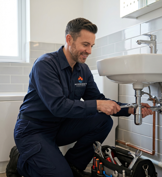 Plumber repairing sink pipes in a bathroom, using tools beside a white sink and tiled wall