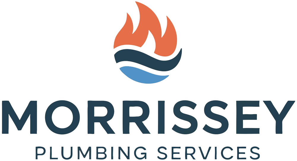 Morrissey Plumbing Services logo with orange flame and blue wave icon above the company name