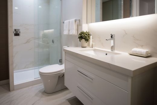 Square metal floor drain centered in white tiled flooring.