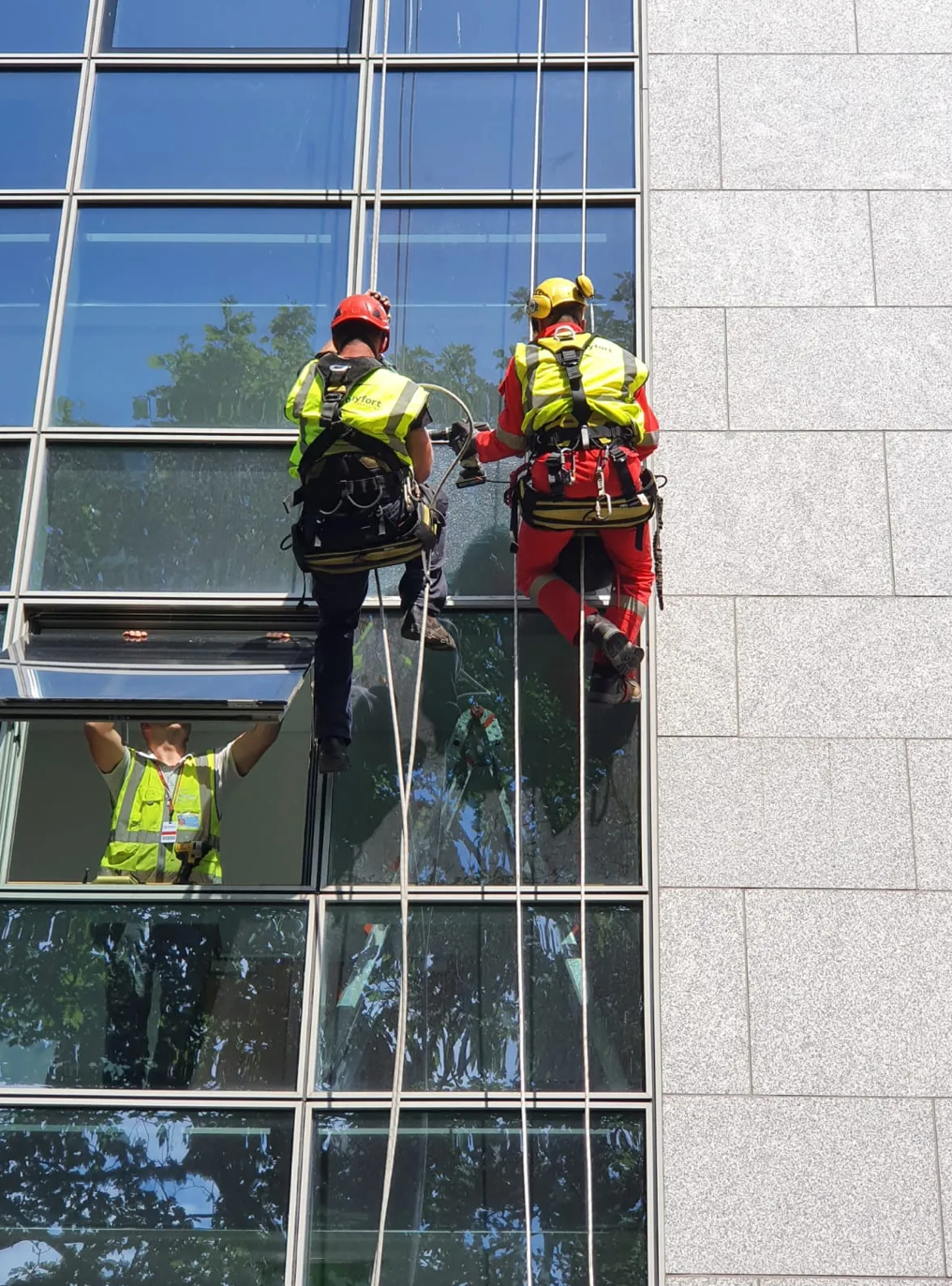 Three window washers with safety harnesses working on a tall glass building.