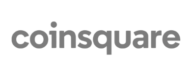 The logo for coinssquare is gray and white on a white background.