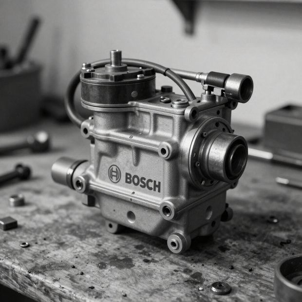 Bomba mecánica Bosch en blanco y negro sobre un banco de taller, en primer plano.