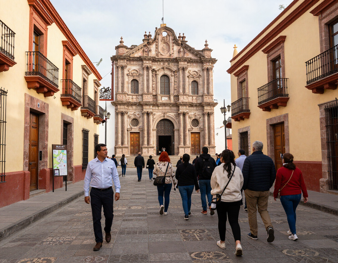 Personas caminando por una calle empedrada hacia una iglesia histórica ornamentada, flanqueada por edificios coloniales.