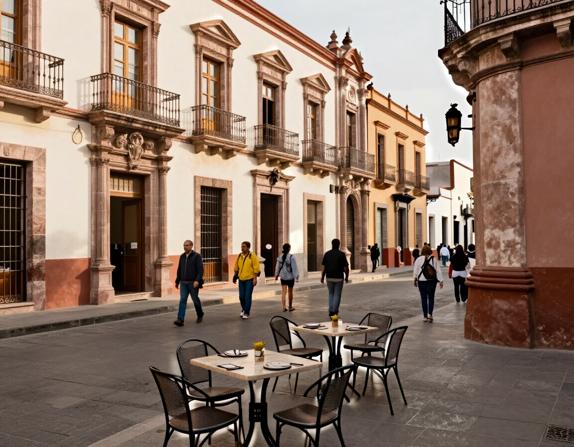 Mesas de café al aire libre en una calle histórica adoquinada, con peatones pasando junto a edificios de tonos pastel.