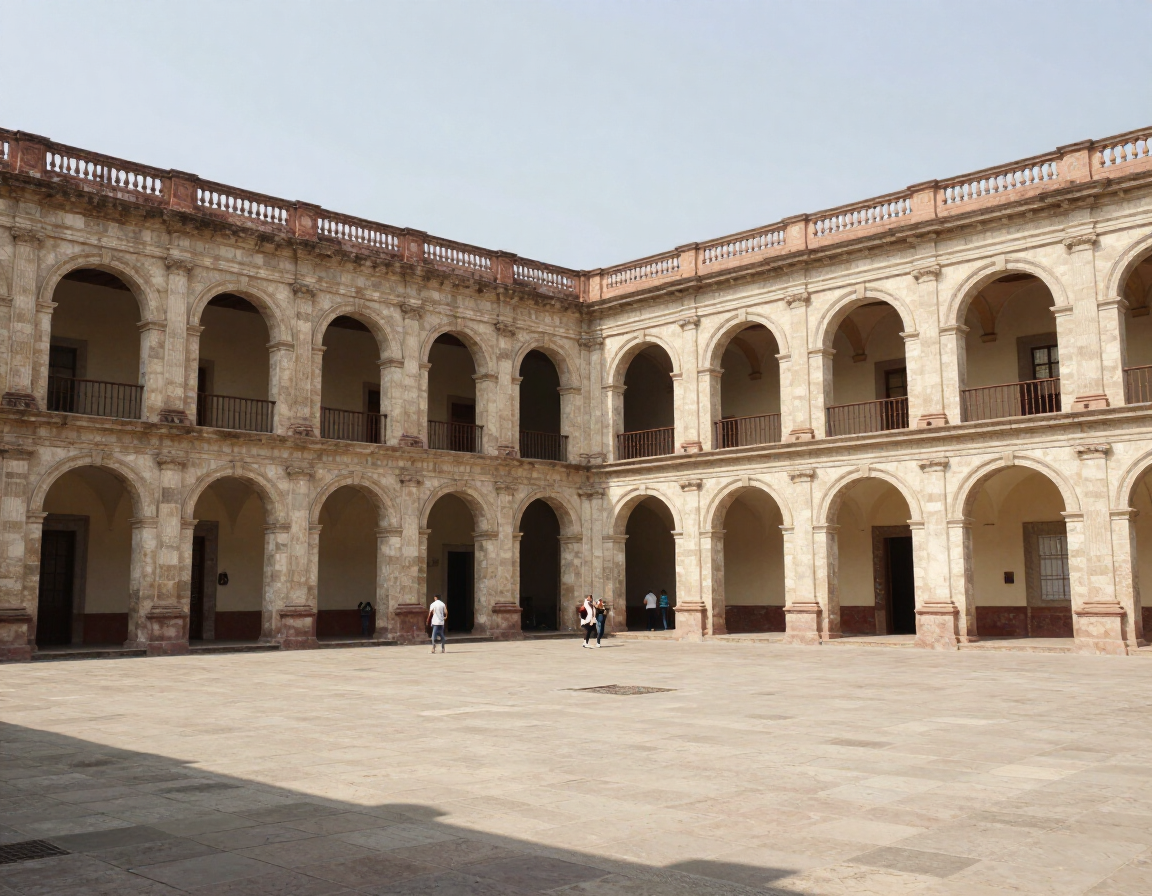 Patio de piedra bañado por el sol, con arcos de dos pisos y balcones alrededor de una plaza abierta