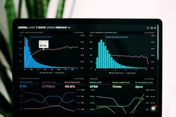 A laptop screen displaying a dark-mode data analytics dashboard with bar charts, line graphs, and key performance metrics.