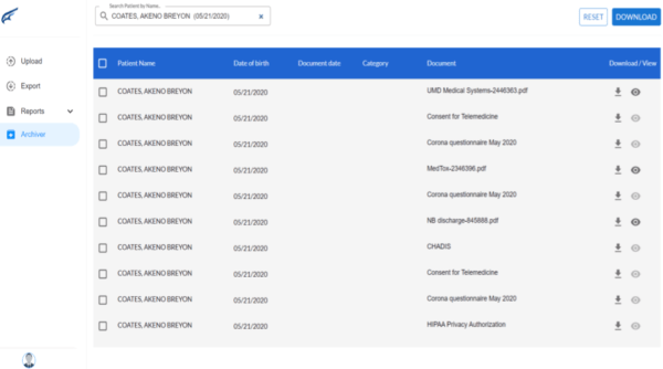 A digital dashboard listing patient document records with download and view icons for each entry.