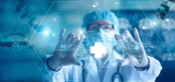 Medical professional in protective gear interacts with a glowing, digital health interface featuring a cross icon.