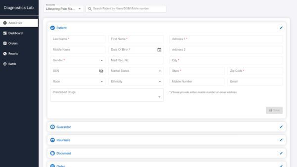 Patient intake form on a Diagnostic Lab software interface with fields for personal information, insurance, and test details.