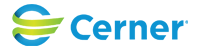 Cerner logo featuring a blue letter C intertwined with two green ribbons, followed by the text