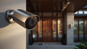 Silver security camera mounted on a wall outside a building entrance, facing forward