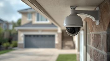 Security camera mounted under eaves on a brick house, overlooking a suburban driveway and garage.