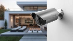 Silver security camera mounted on a white wall, overlooking a modern house and patio.