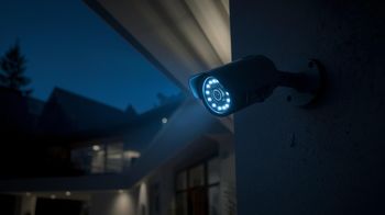 Security camera on a house at night, glowing blue in the dark exterior.