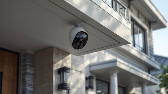 Black dome security camera mounted under an outdoor building awning.