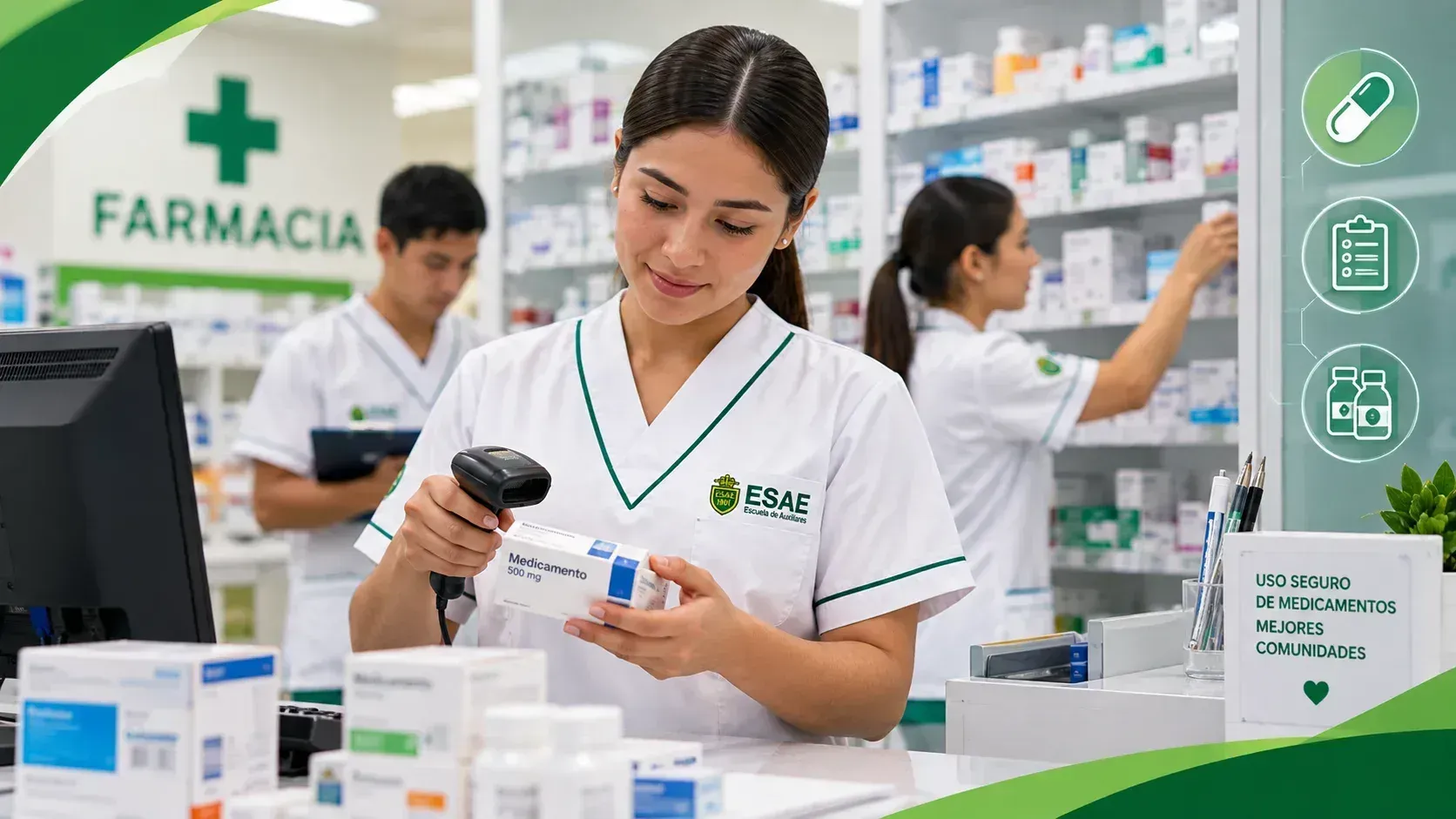 Estudiante de ESAE escanea medicamentos en una farmacia.