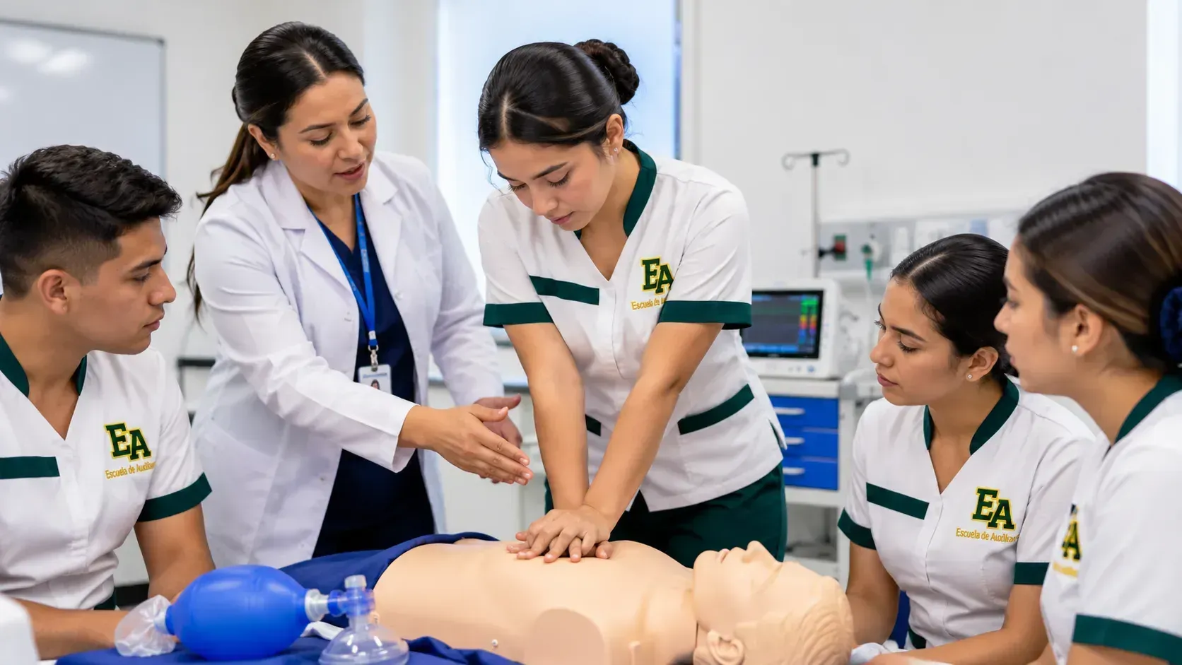 Estudiantes de auxiliar de enfermería de ESAE realizando prácticas de reanimación cardiopulmonar (RCP) con un maniquí, bajo la orientación de una docente.
