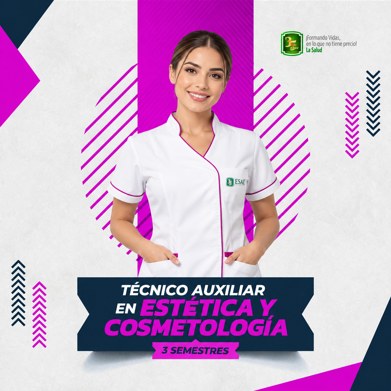 Banner promocional para el curso de técnico auxiliar en estética y cosmetología, con fondo blanco y magenta y una mujer vestida con uniforme blanco.