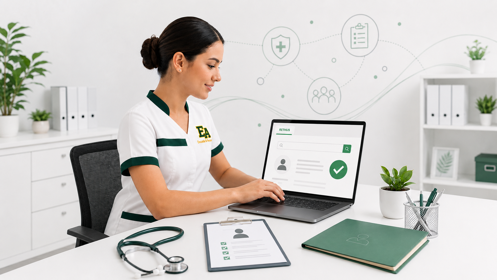 Auxiliar de enfermería consultando el RETHUS en un computador, con elementos médicos y documentos.