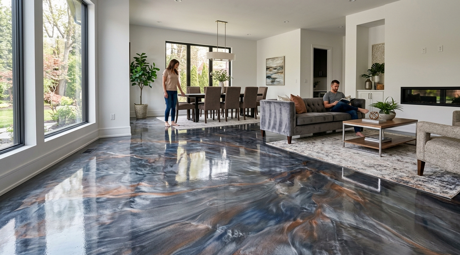 Modern living room with a glossy blue floor, large windows, a dining table, and two people inside