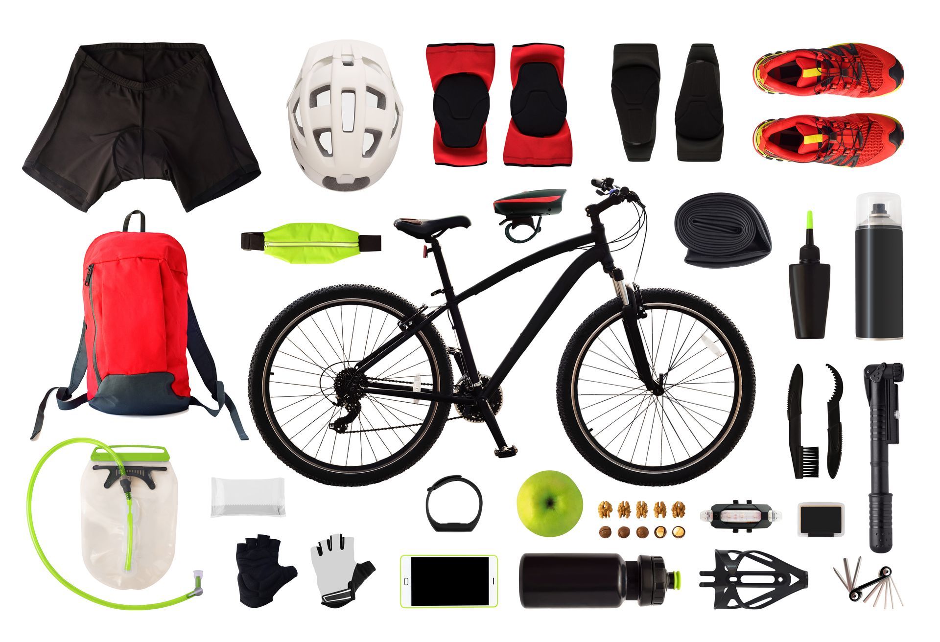 ein Fahrrad umgeben von verschiedenen Fahrradzubehörteilen