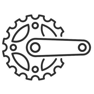 ein schwarz-weißes Symbol eines Fahrradzahnrads auf weißem Hintergrund .