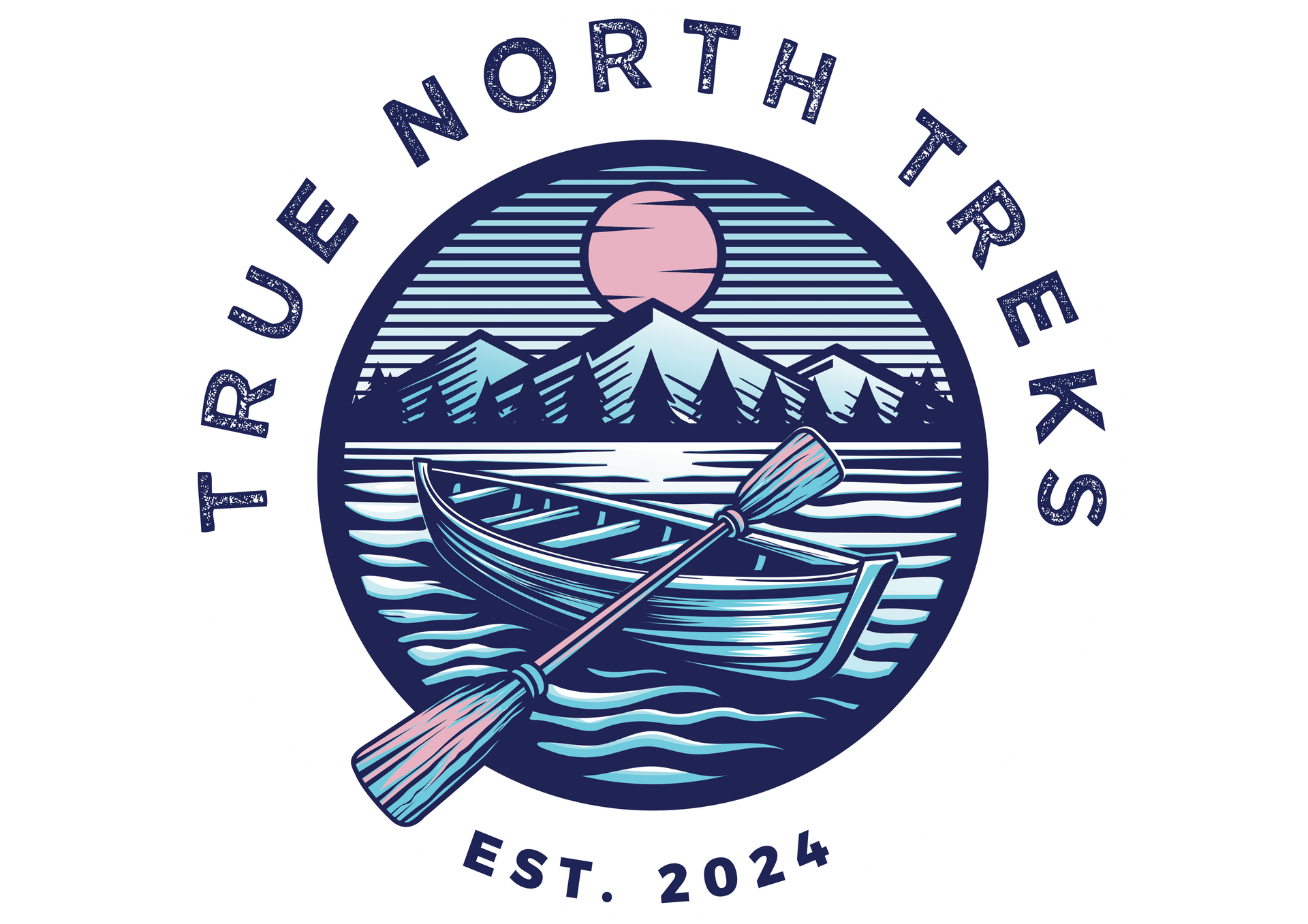 True North Treks logo with pink sun, mountain and lake, crossed paddles, and “Est. 2024” text