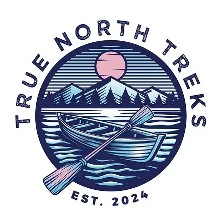 True North Treks logo with canoe, mountains, sun, and paddle; est. 2024