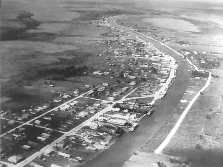 Aerial view of Cut Off, Louisiana's original shell road along Bayou Lafourche