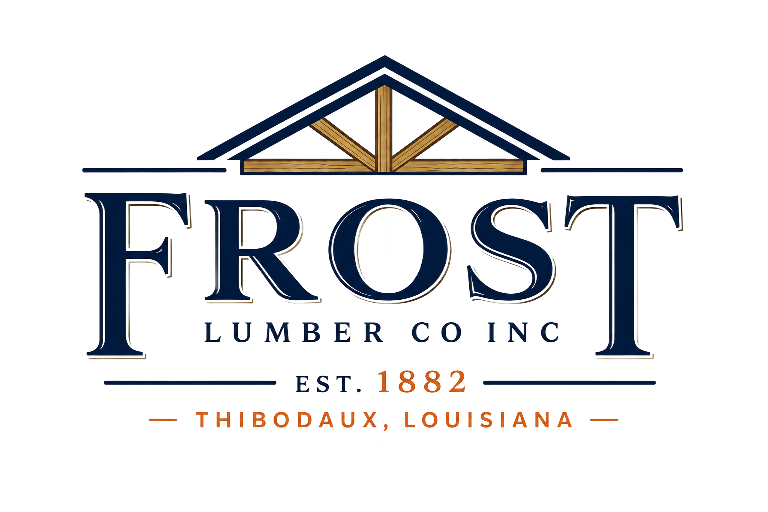 Frost Lumber Co Inc logo with blue and gold roof icon, “Est. 1882,” Thibodaux, Louisiana.