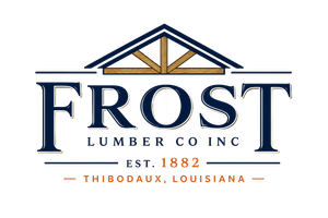 Frost Lumber Co Inc logo with blue and gold roof icon, “Est. 1882,” Thibodaux, Louisiana.