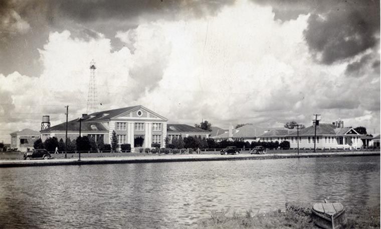 1930s photo of Golden Meadow High School along Bayou Lafourche
