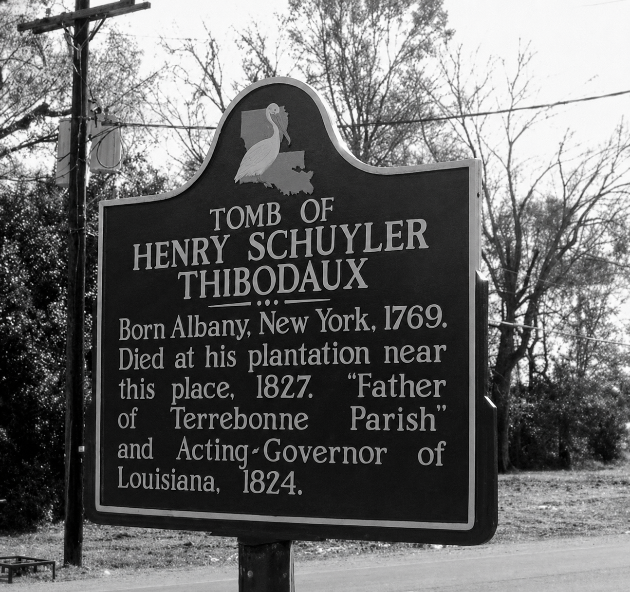 The marker stands at Halfway Cemetery in Gray and was erected in 1951 by the Louisiana Department of Commerce and Industry. Tomb of Henry Schuyler Thibodaux.  1827