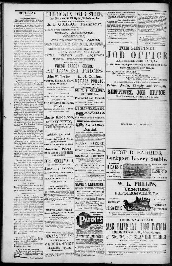 1892 Thibodaux Sentinel newspaper front page relating to Chackbay, Louisiana